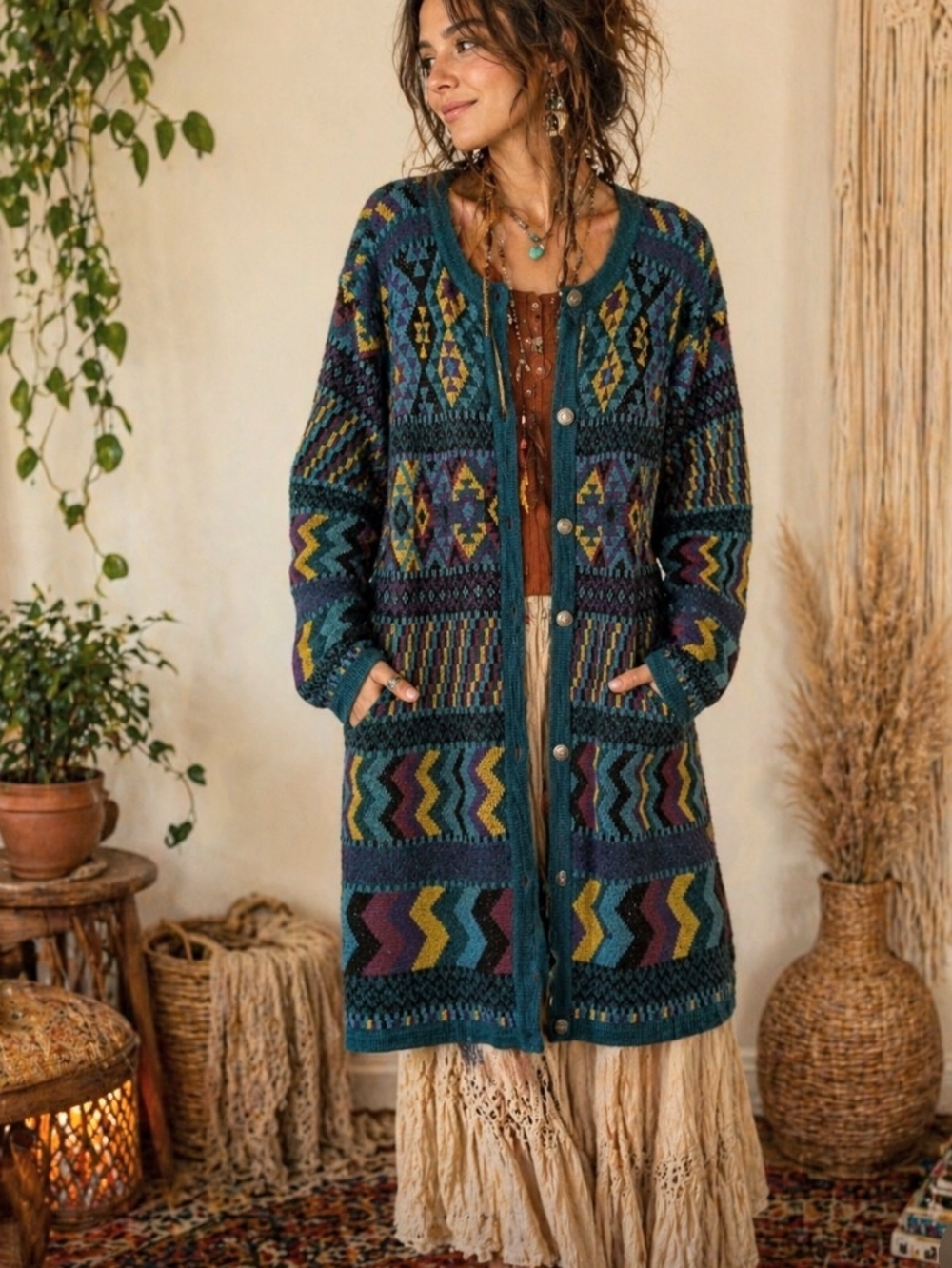 Vintage Teal Multicolor Geometric Long Cardigan Boho Y2K 90s